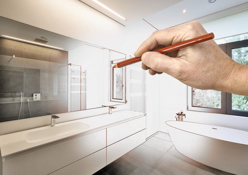 Badplanung – halb als Skizze, halb als fertiges Badezimmer